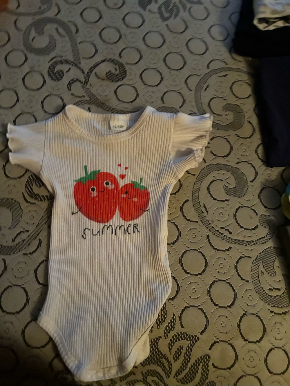 Kids White Ribbed Bodysuit with Red Strawberry Graphic